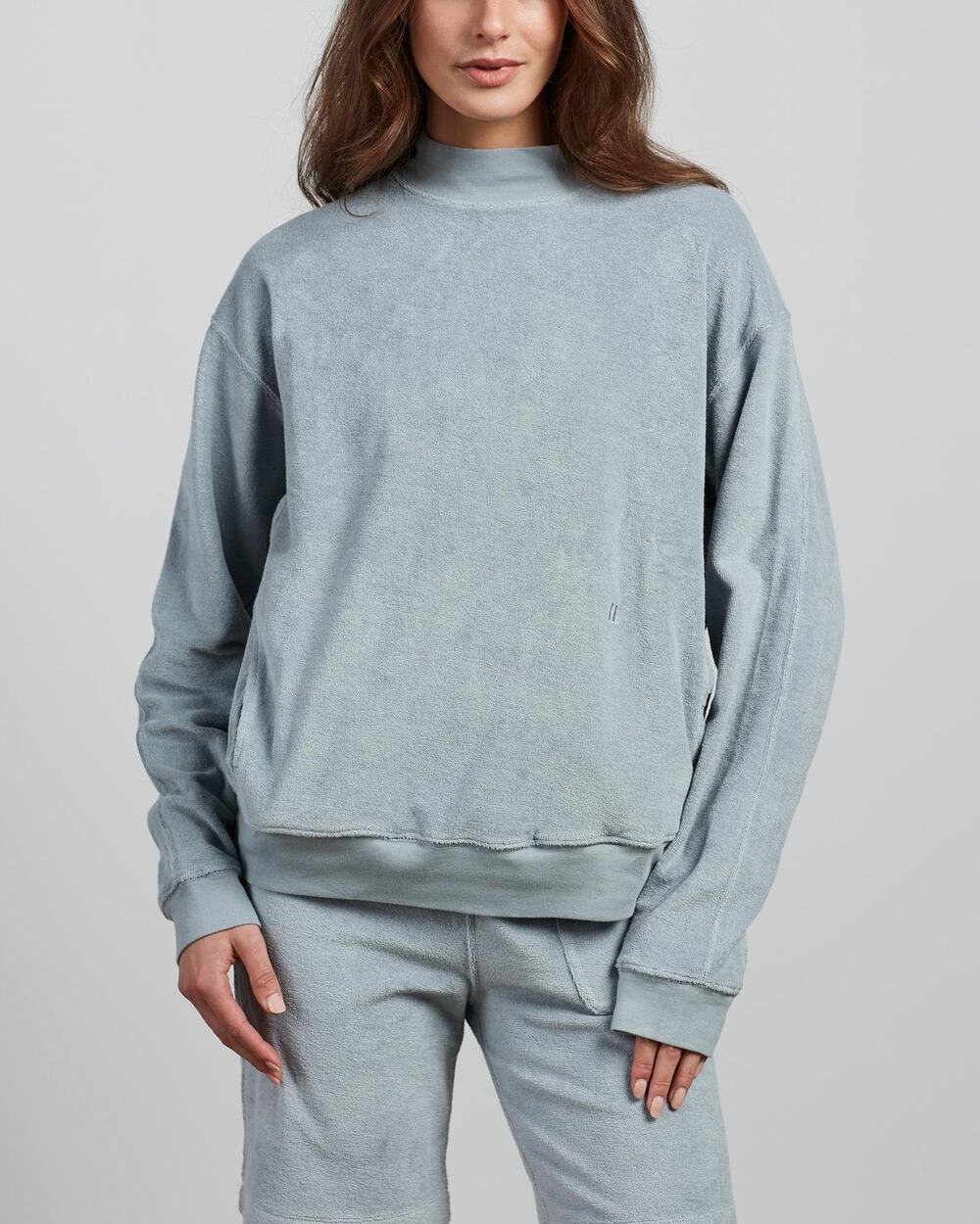 HELMUT LANG Towel Terry Sweatshirt Blue Mock Neck Pullover XS Loungewear